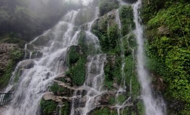 A stunning view of Bakthang Waterfall in Gangtok, cascading down lush green rocks.